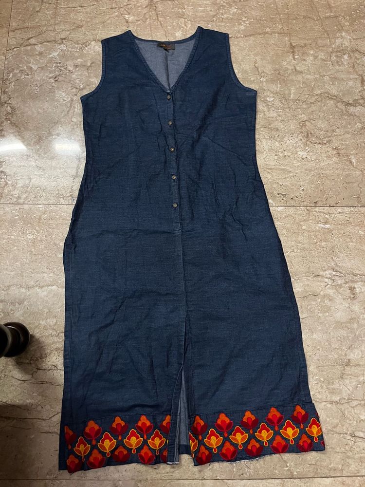 Denim Gown with Embroidered Hem
