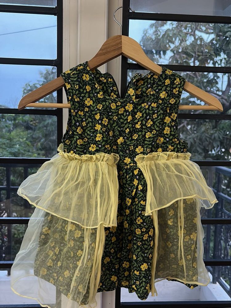 girls Floral Gown with Yellow Ruffle Trim