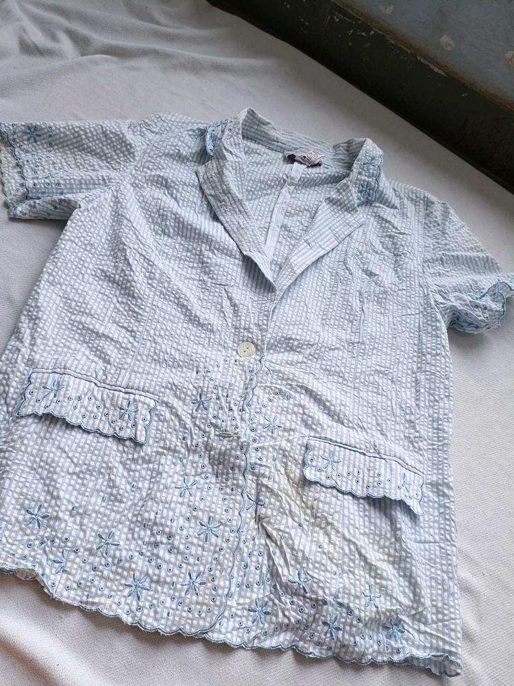 Blue White Embroidered Shirt