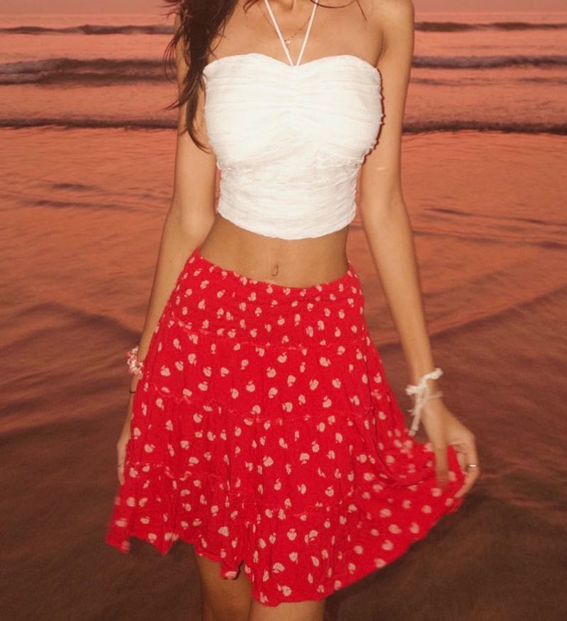 Red Floral Tiered Mini Skirt🌊🦩