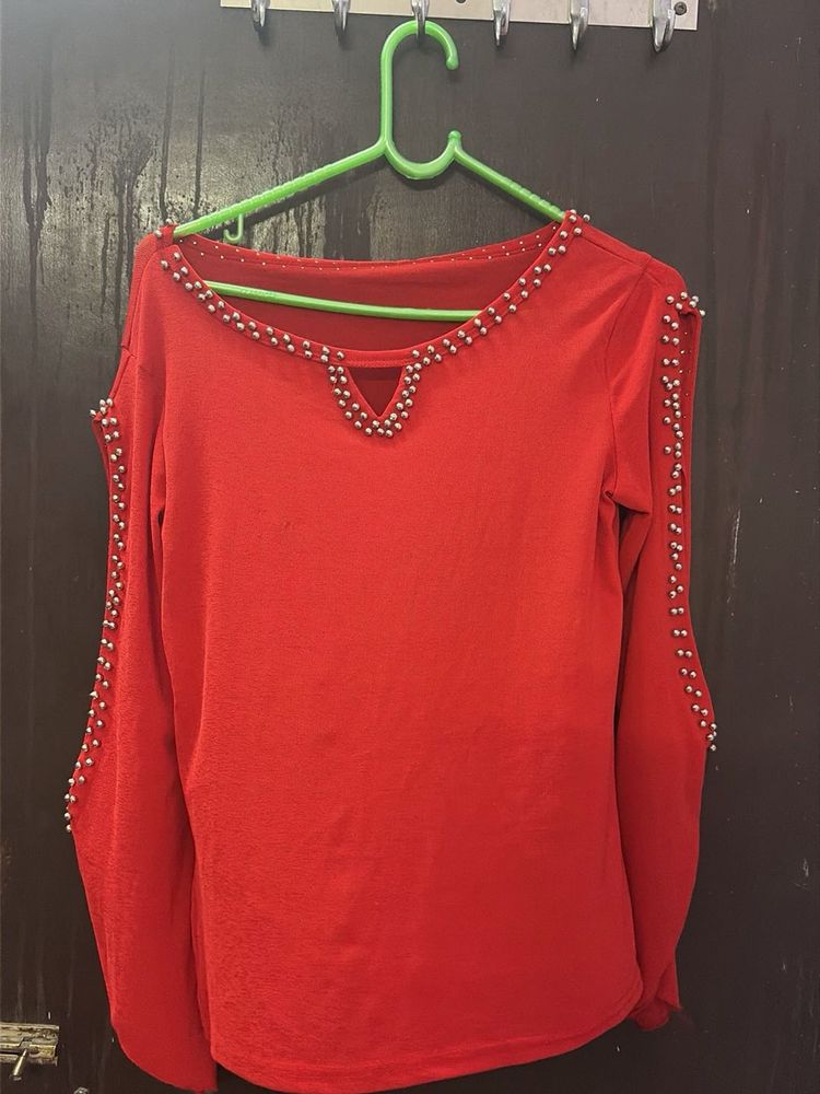 Stylish Red Embellished Cold-Shoulder Top