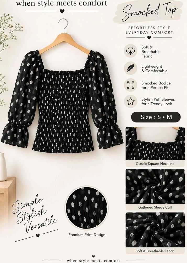 Stylish Black Smocked Polka Dot Top