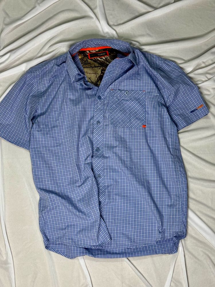 Blue Plaid Short Sleeve Button-Up Shirt