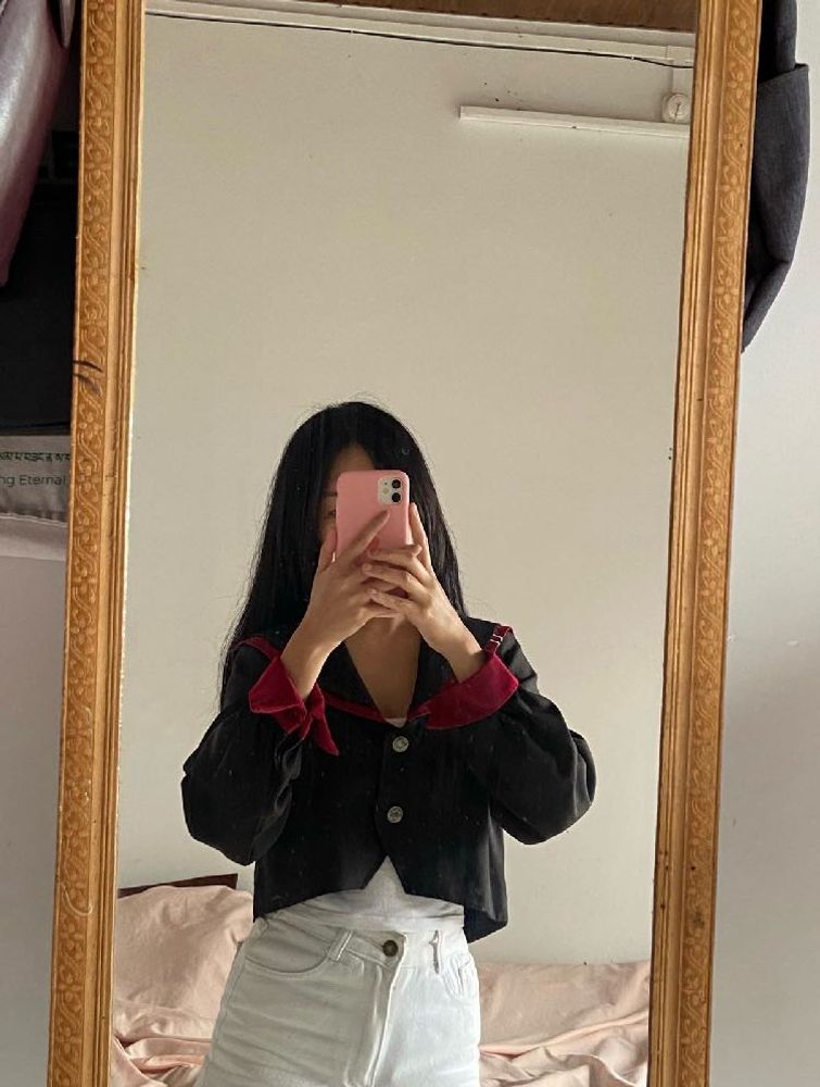 Anime inspired Cropped Black Jacket with Red Trim