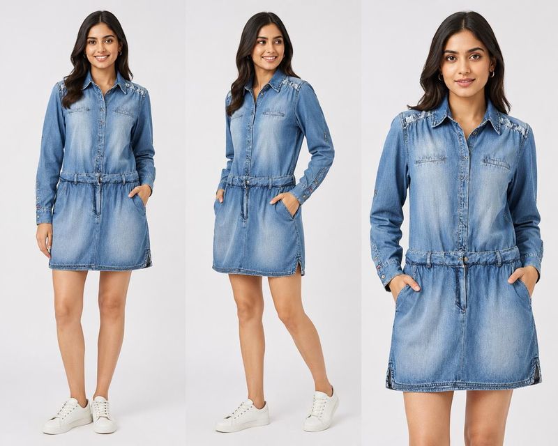 Denim Shirt Dress with Drawstring Waist