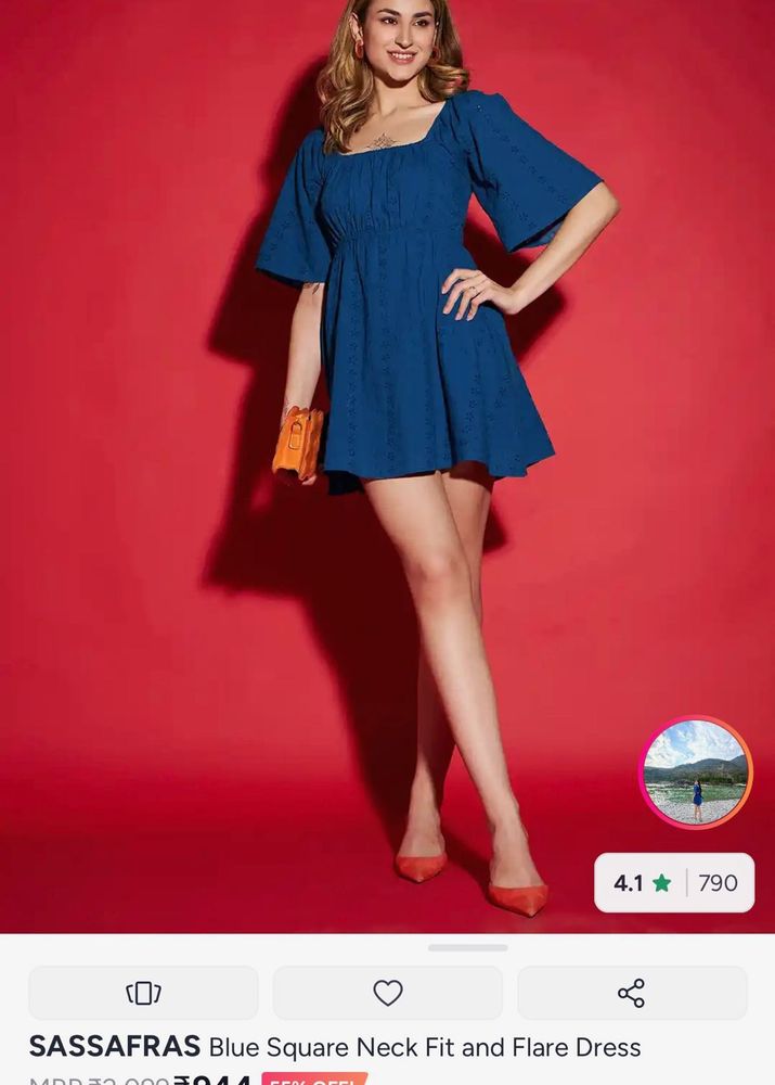 SASSAFRAS Blue Square Neck Fit and Flare Dress