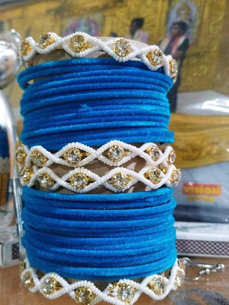 Blue Velvet Bangles with White Embellishments