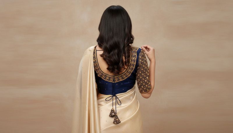 Embroidered Navy Blue Sari Blouse