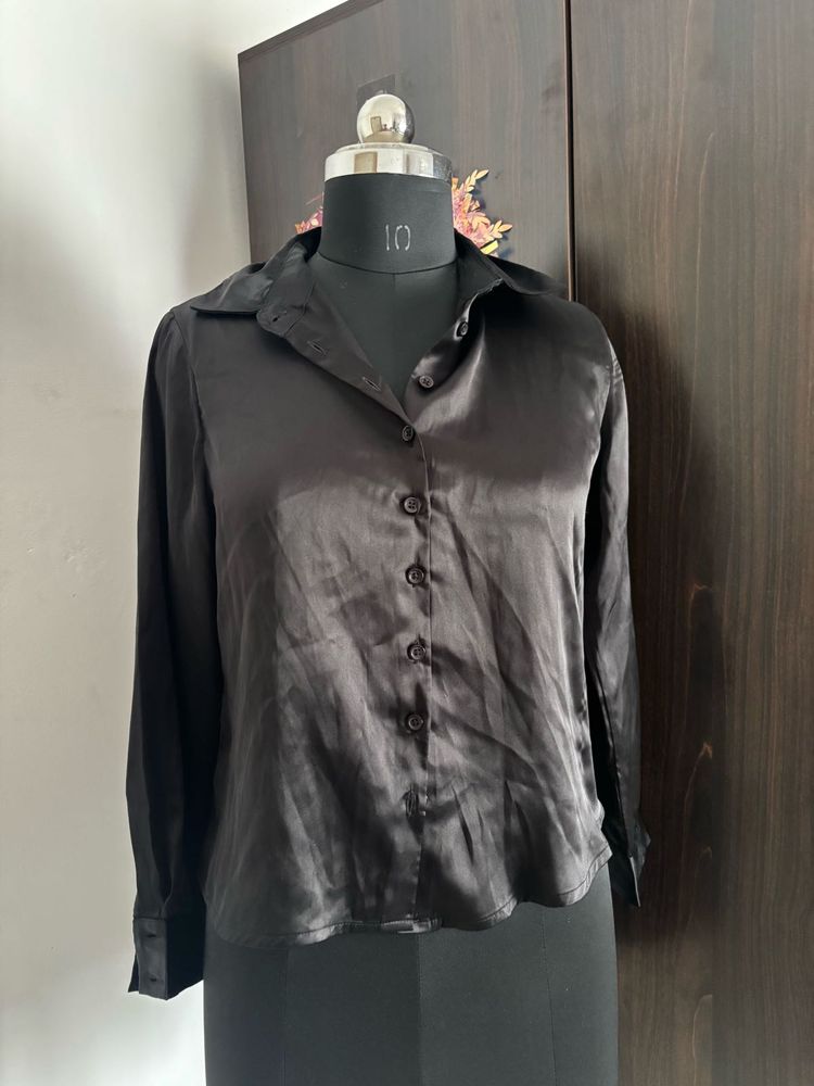 Sleek Black Satin Button-Up Shirt