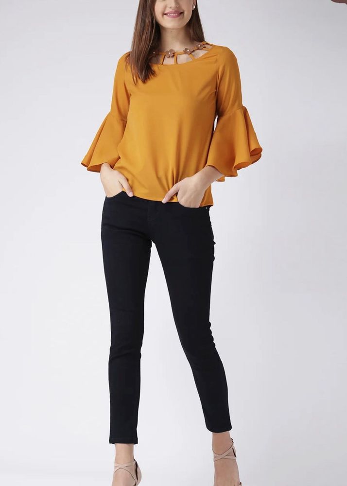 Chic Mustard Yellow Top with Floral Neckline