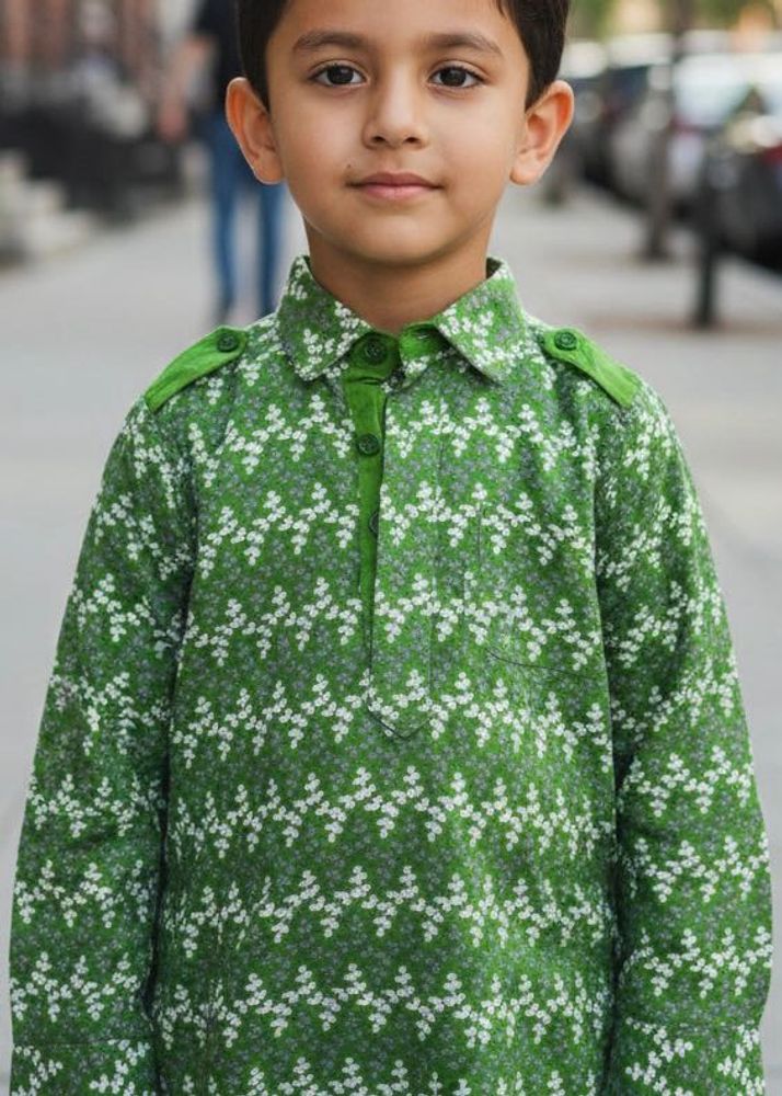 Green Floral Print Chikankari Work Tunic Kurta