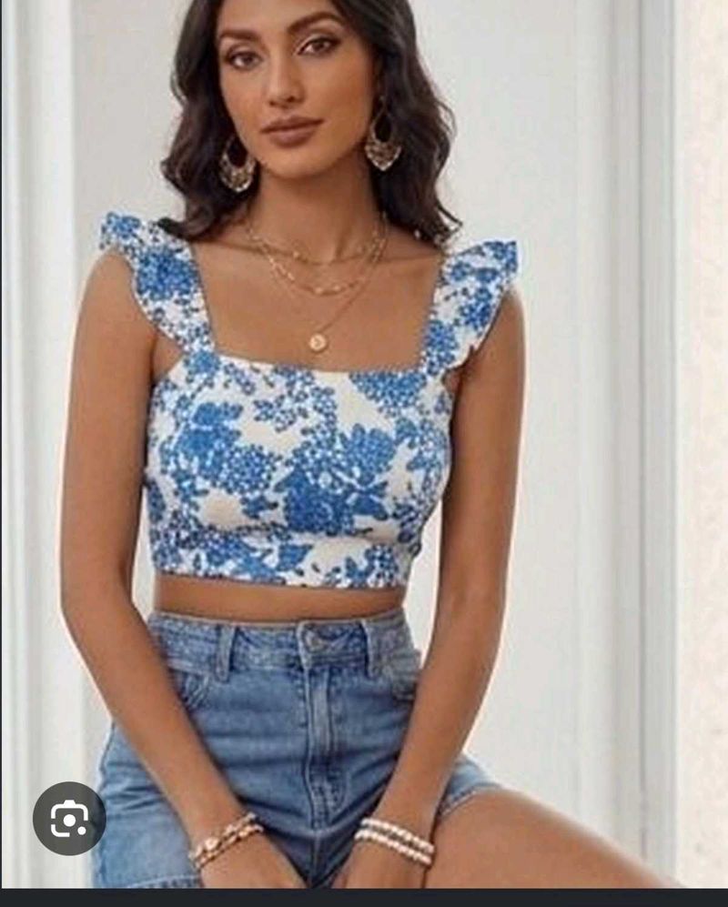 Blue Floral Smocked Crop Top