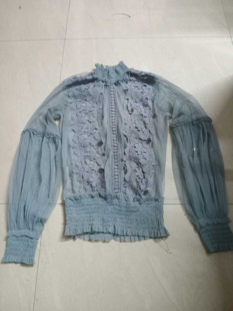 Sheer Lace Floral Puff Sleeve Top
