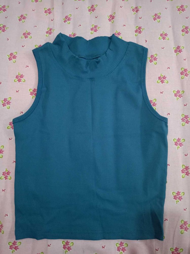 Teal Ribbed Mock Neck Sleeveless Top