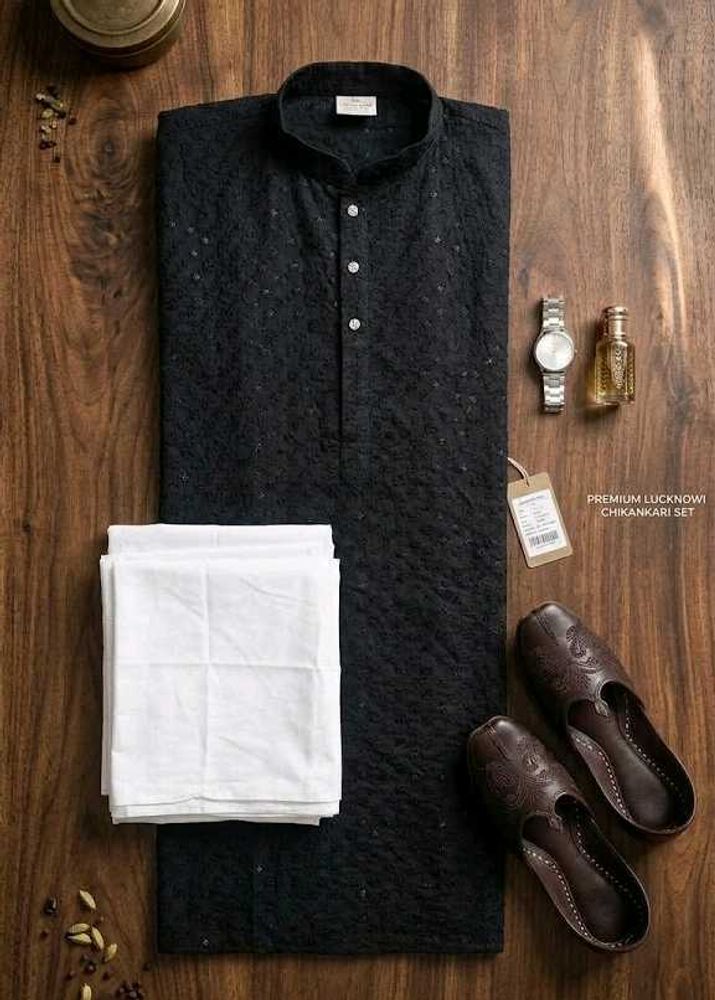 Men's Black Lucknowi Chikankari Kurta Set