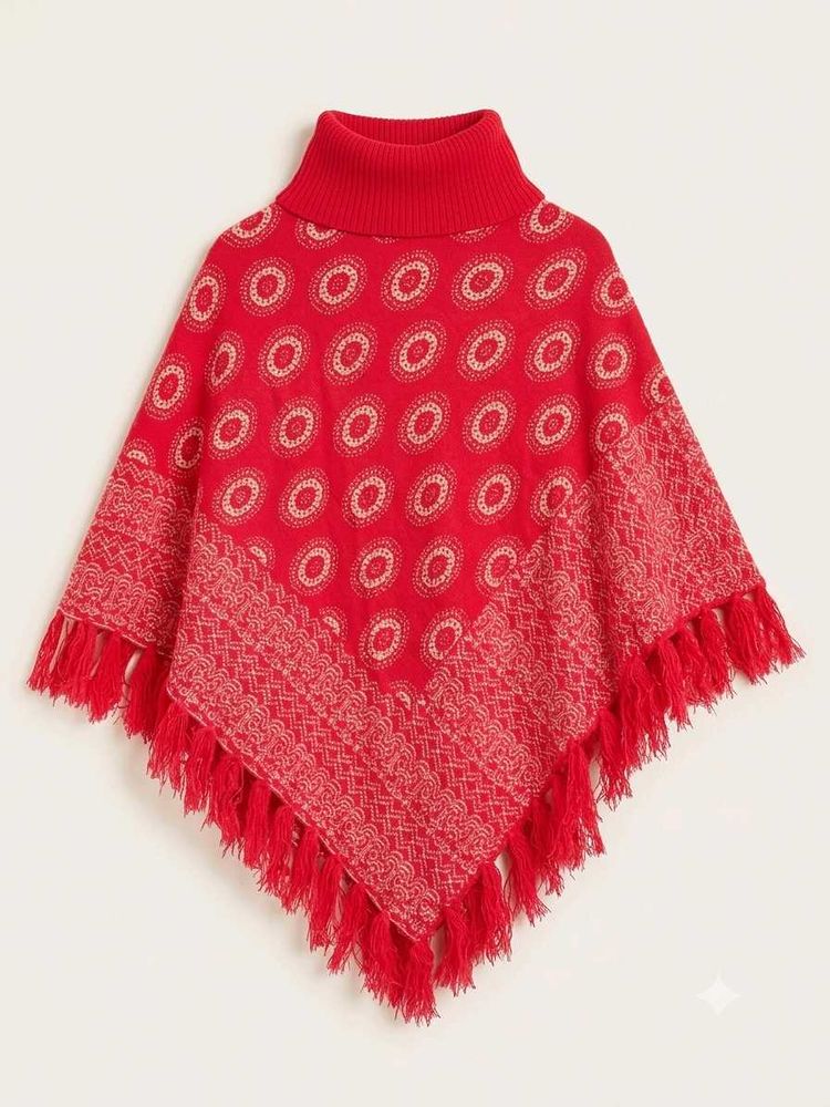 Cozy Red Printed Poncho Sweater
