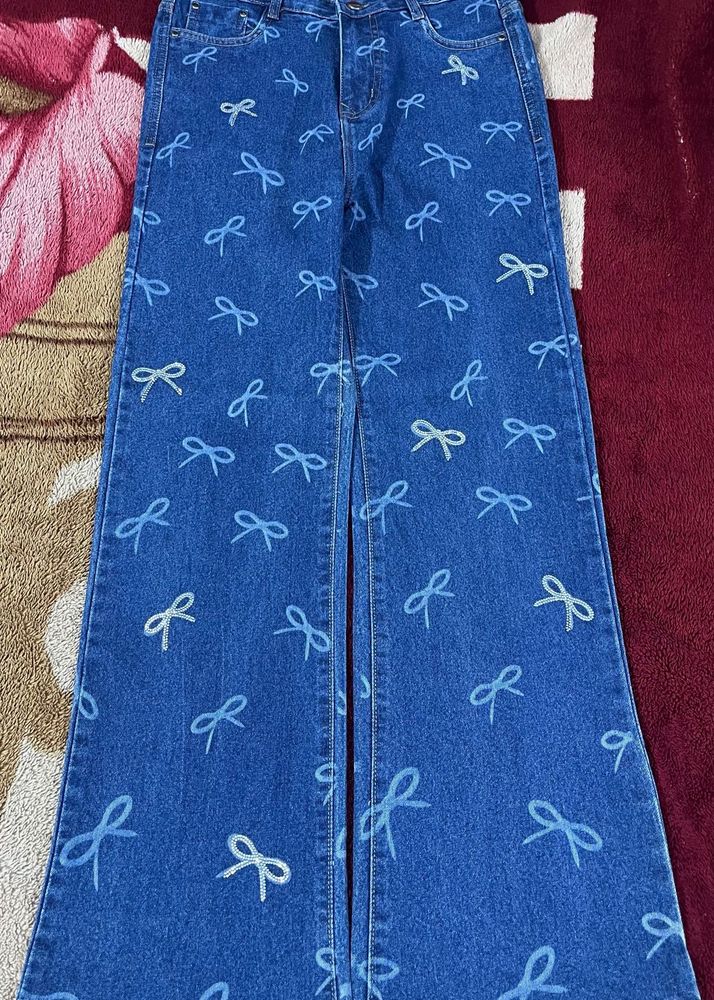 Cute Bow Print Wide Leg Jeans