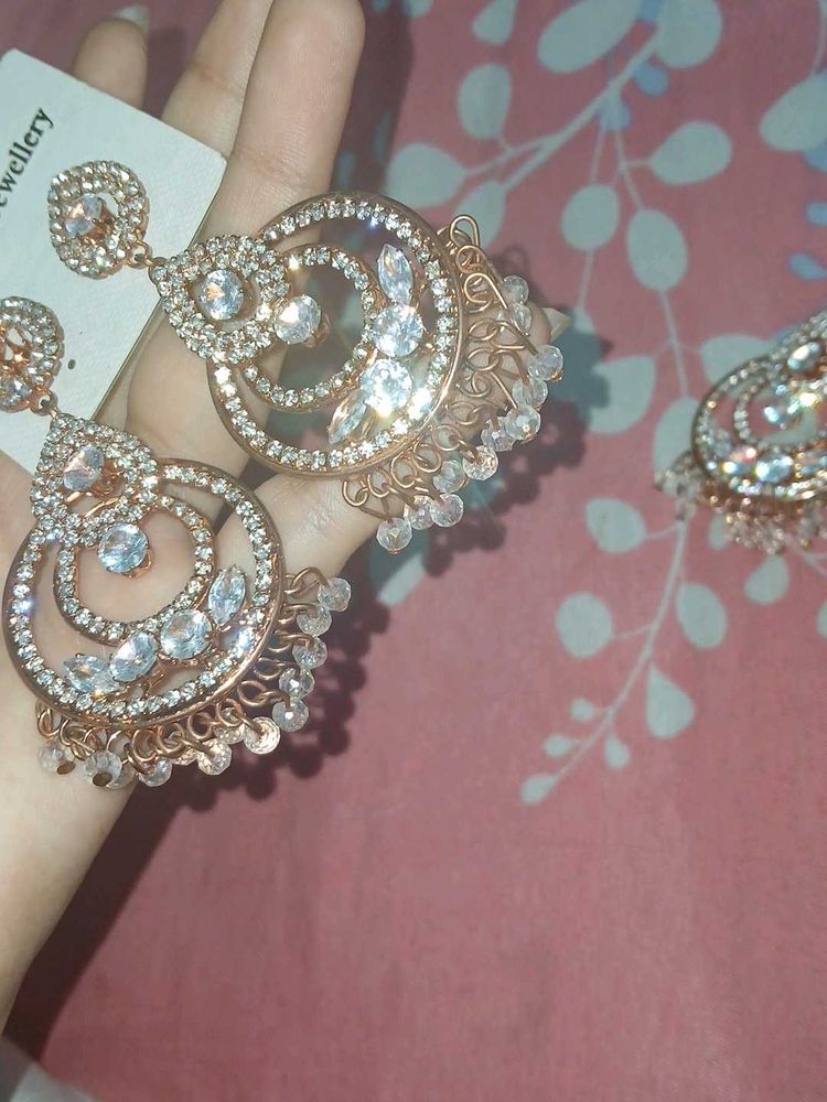 Stunning Rose Gold Jhumka Earrings with Maangtika