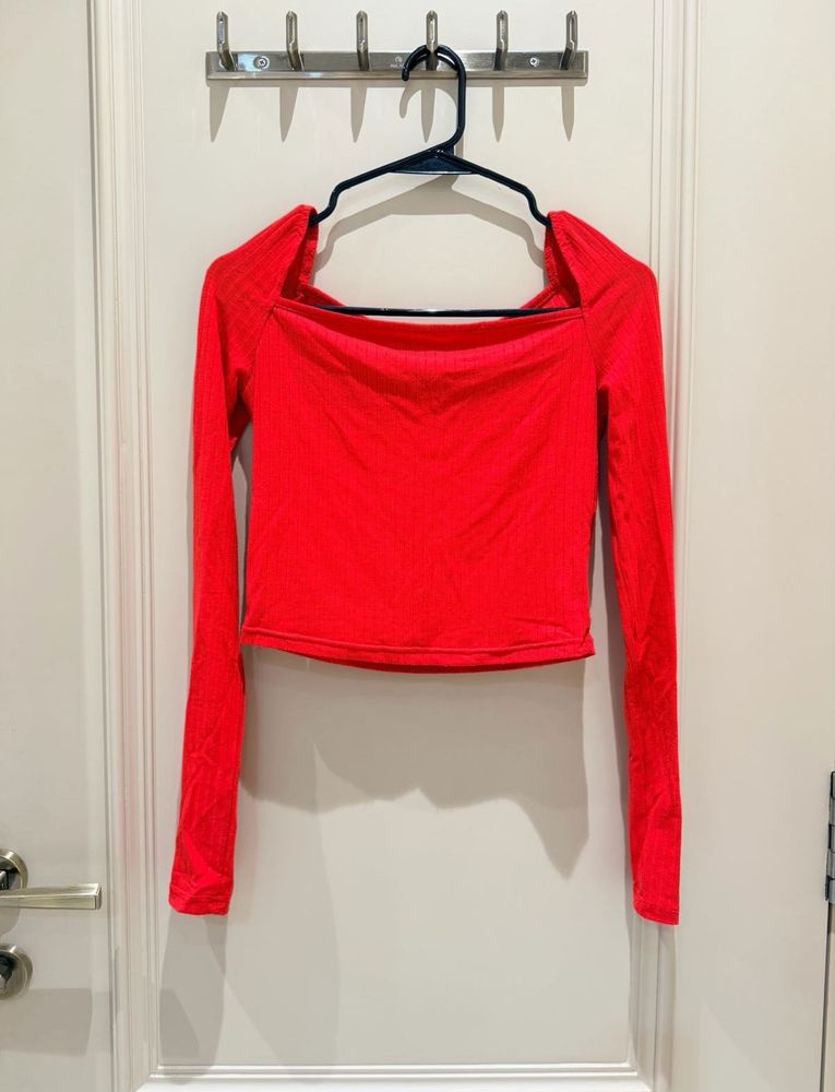 Bright Red Off-Shoulder Long Sleeve Top