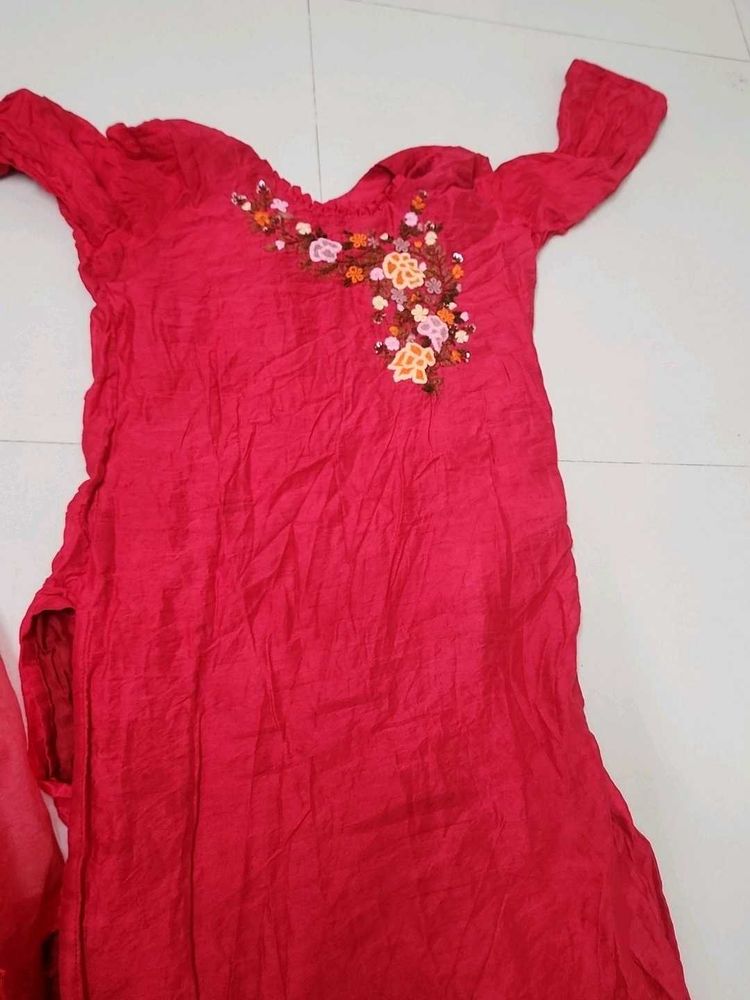Embroidered Red Kurta Set
