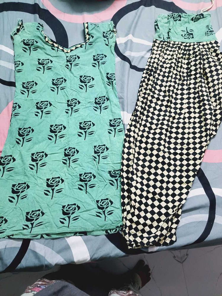 Mint Green Rose Print Kurta Set
