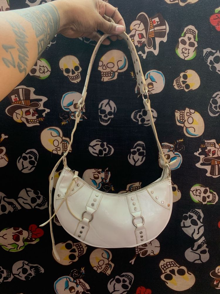 White Faux Leather Crescent Shoulder Bag Y2K Style