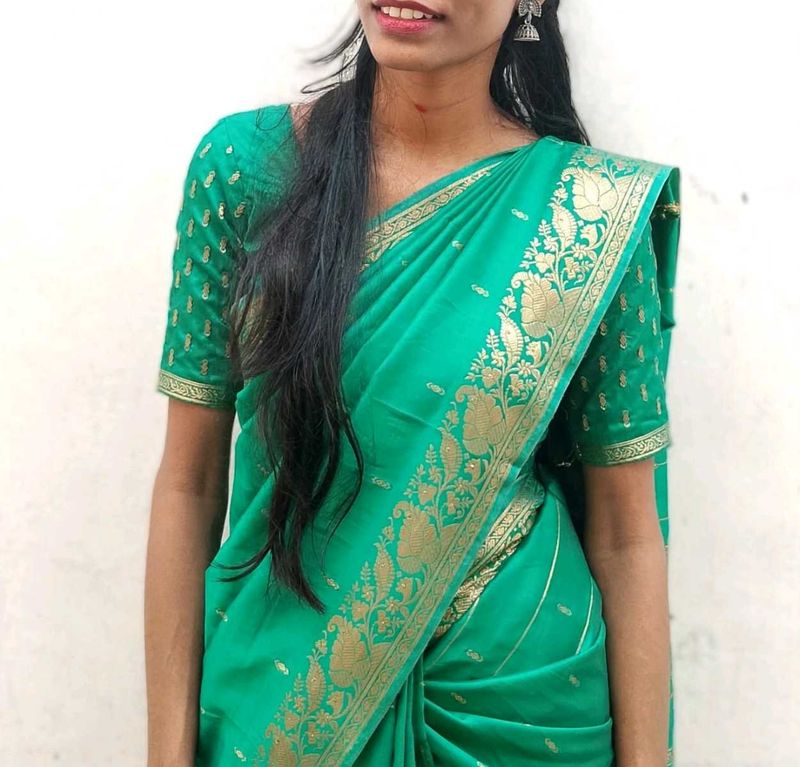 Emerald Green Silk Saree with Gold Border