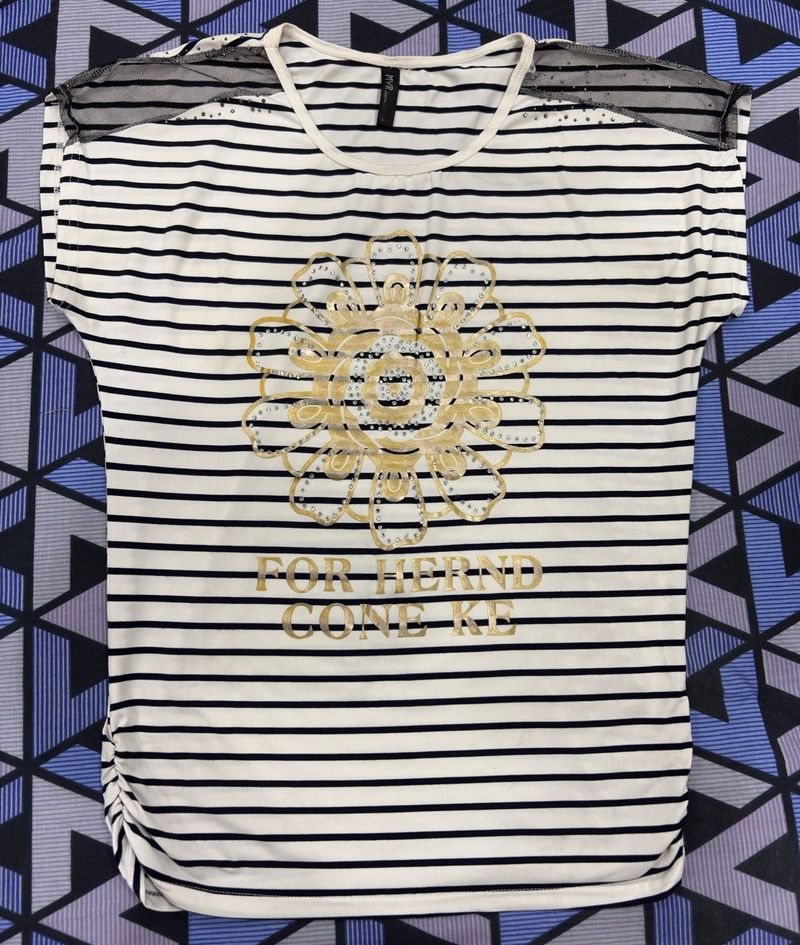 Chic Striped Top with Embellished Flower