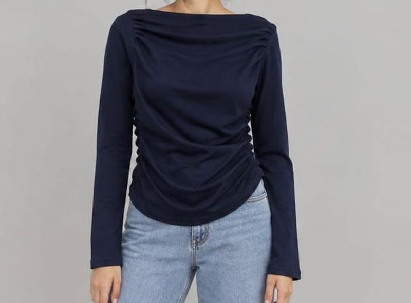 Navy Ruched Long Sleeve Top