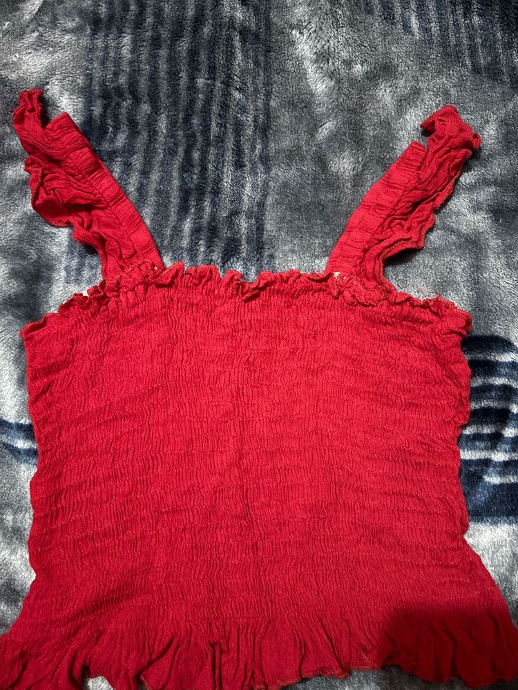 Women's Red Smocked Ruffle Strap Crop ❤️🥀 Top