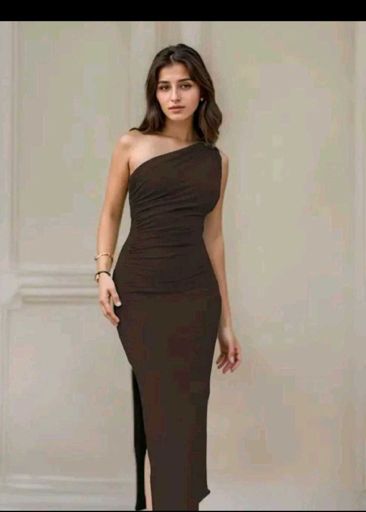 Chic One-Shoulder Ruched Maxi Dress brown