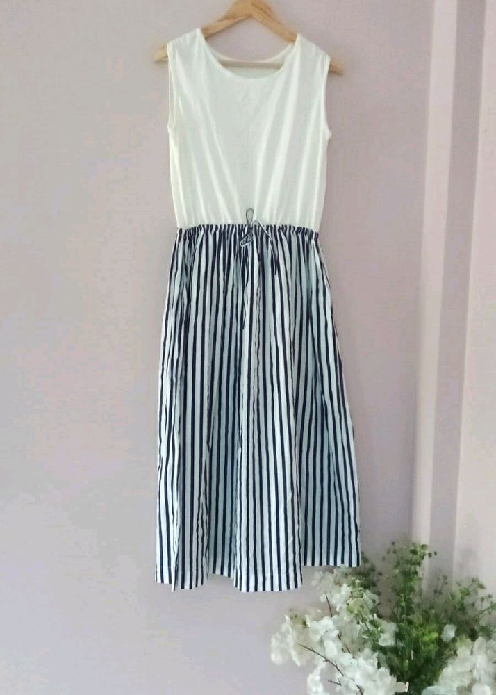 Korean White and Navy Blue Stripe Midi Dress