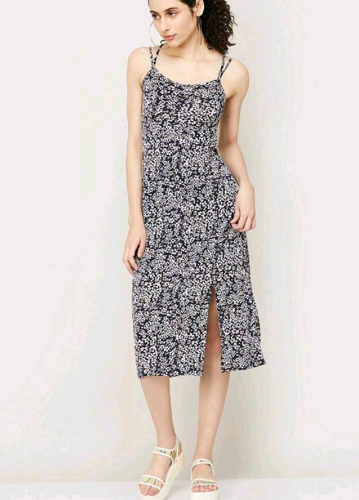 Ginger Blue Floral Print Cross Back Midi Dress