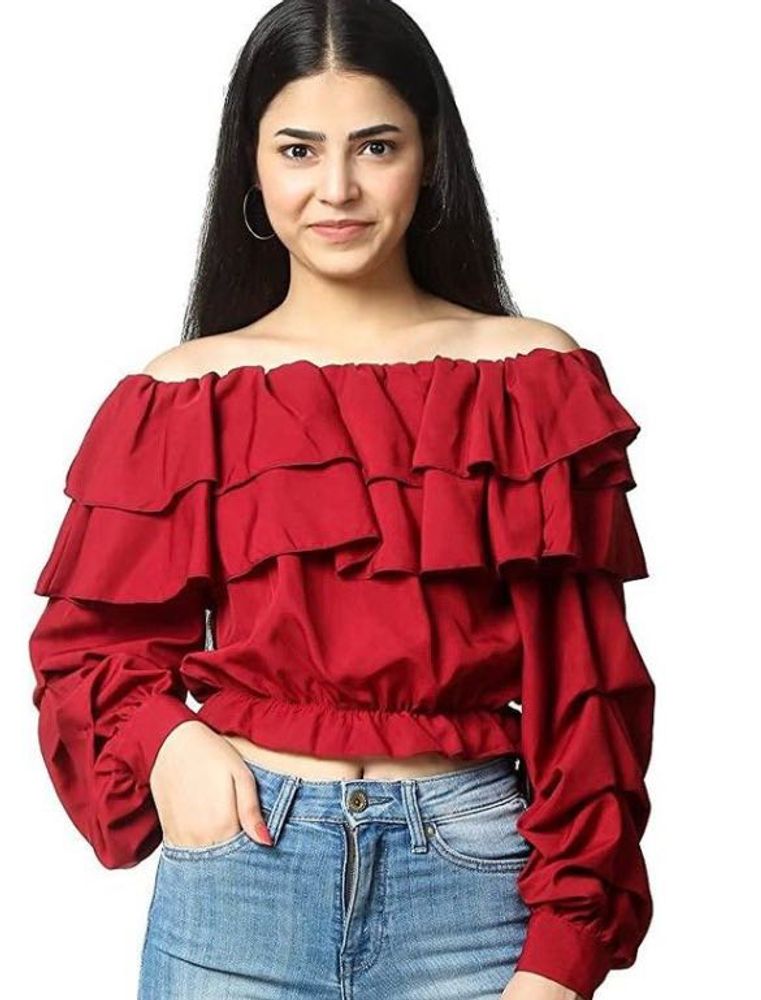 Red Off-Shoulder Ruffle Crop Top