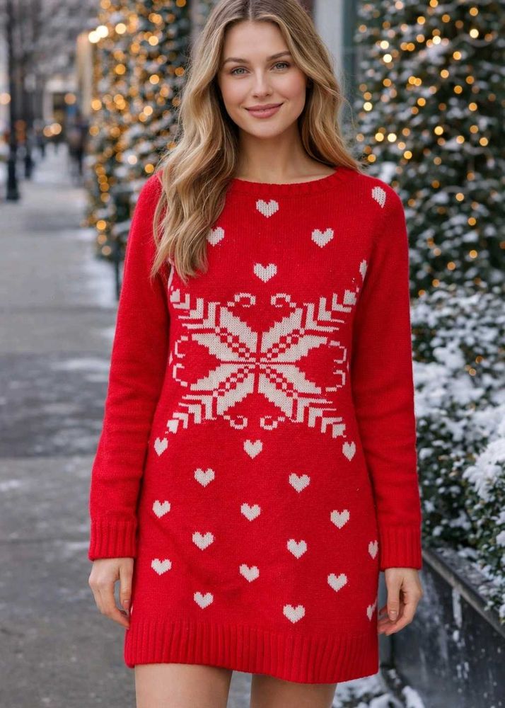 Festive Red Heart Sweater Dress