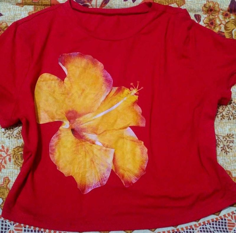 Red T-Shirt with Yellow Hibiscus Print