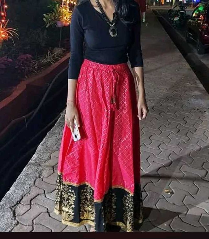 Vibrant Pink Ethnic Skirt with Black Border