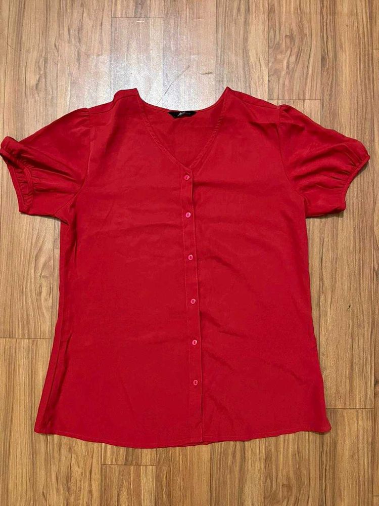 Red Button-Up Short Sleeve Top