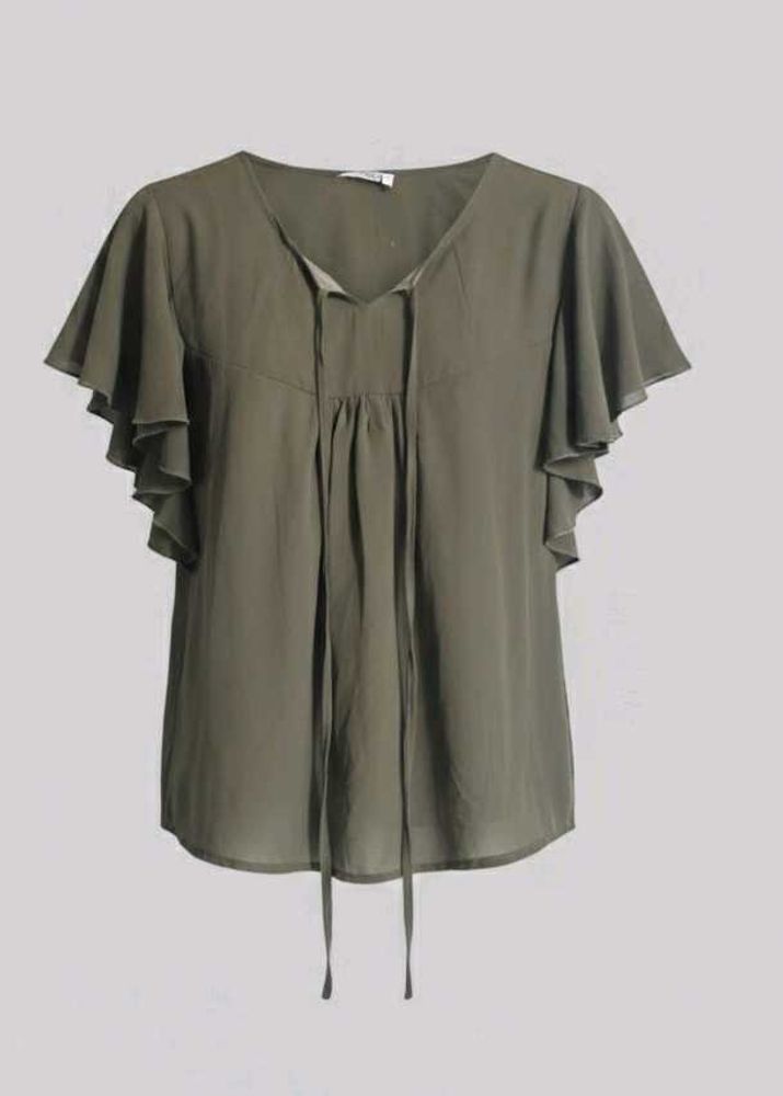 Olive Green Ruffle Sleeve Top_ Size XS