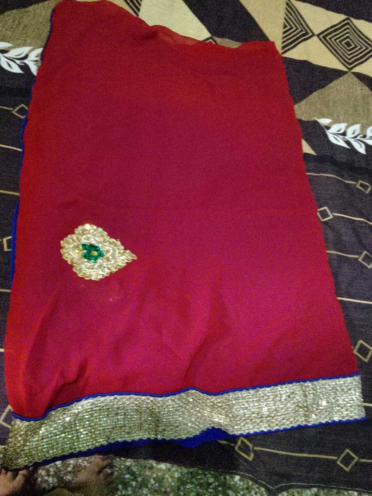 Elegant Red and Blue  Saree with Embellishments