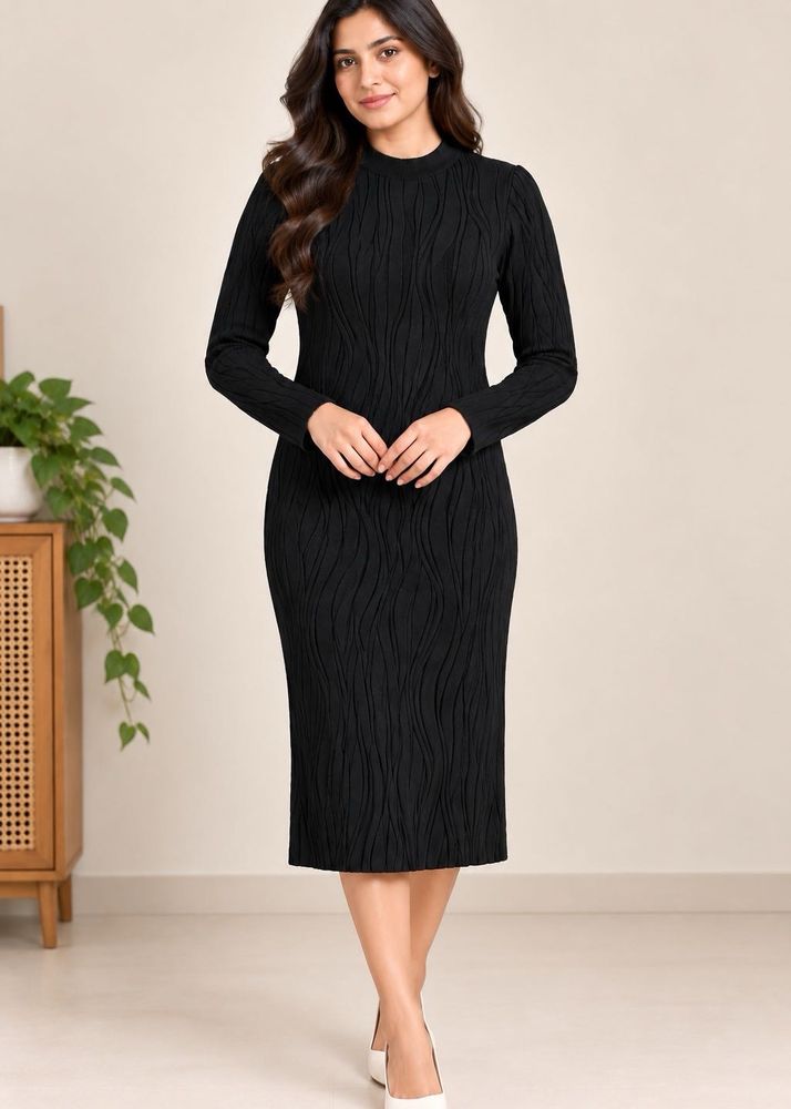 Elegant Black Textured Midi Dress