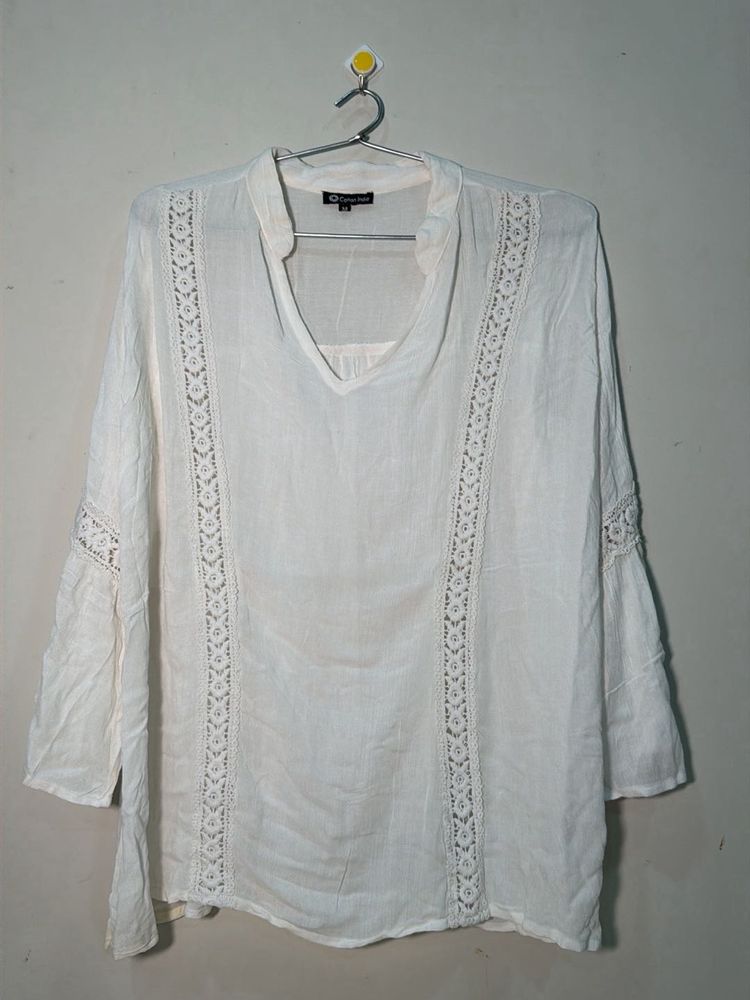 Elegant White Lace Trim Tunic Top