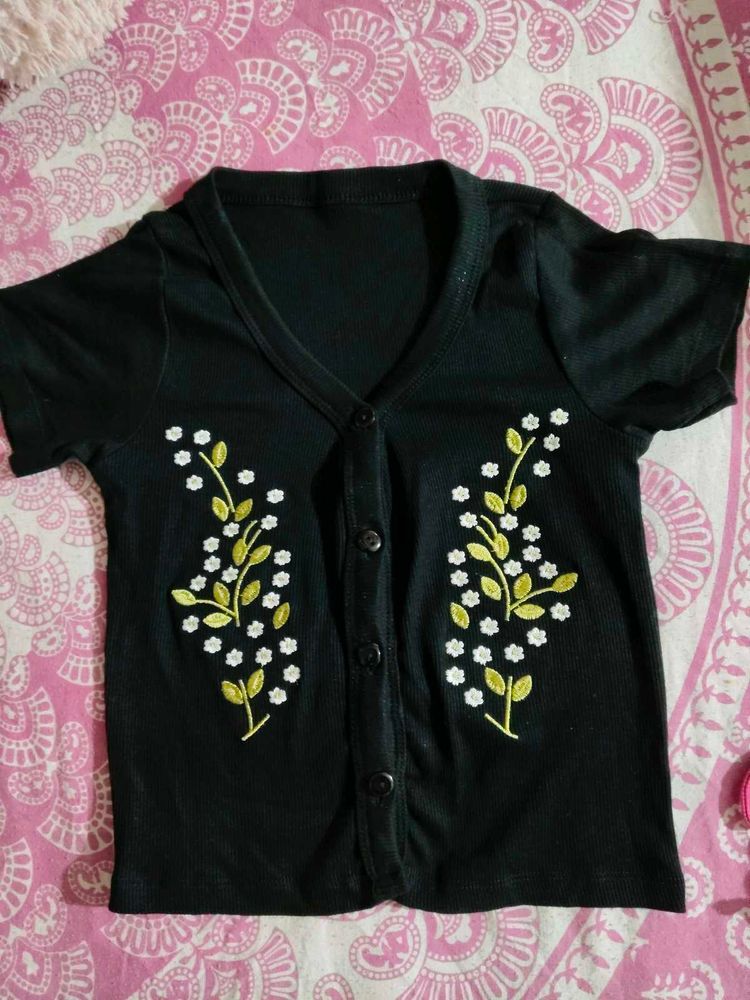 Embroidered Black Button-Up Top