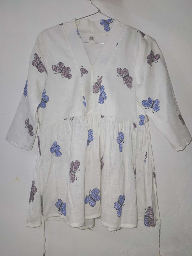 White Butterfly Print Kurta