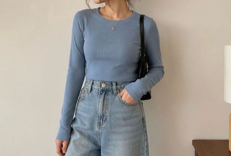 Blue Ribbed Long Sleeve Top