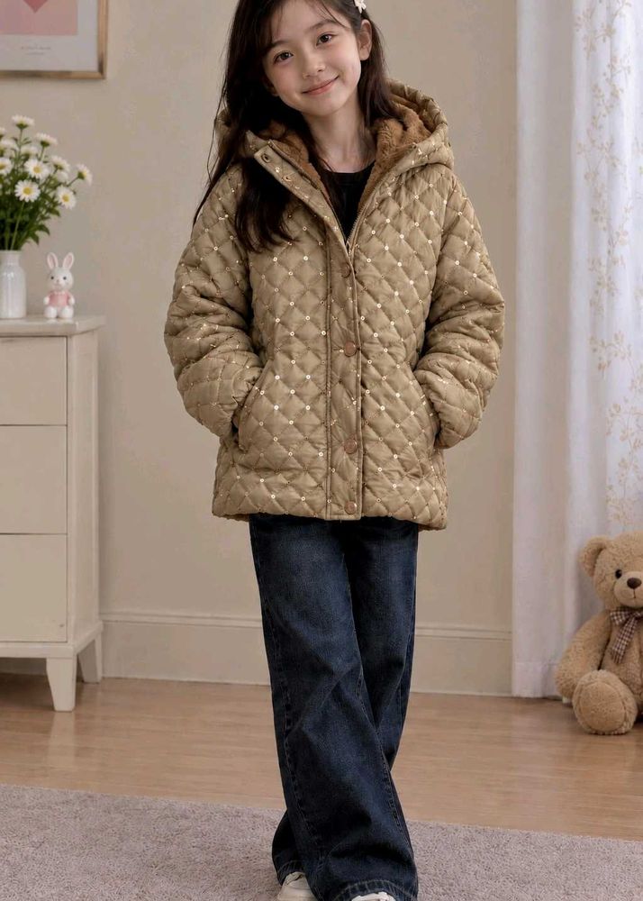Women’s Beige Quilted Hooded Winter Jacket with Se