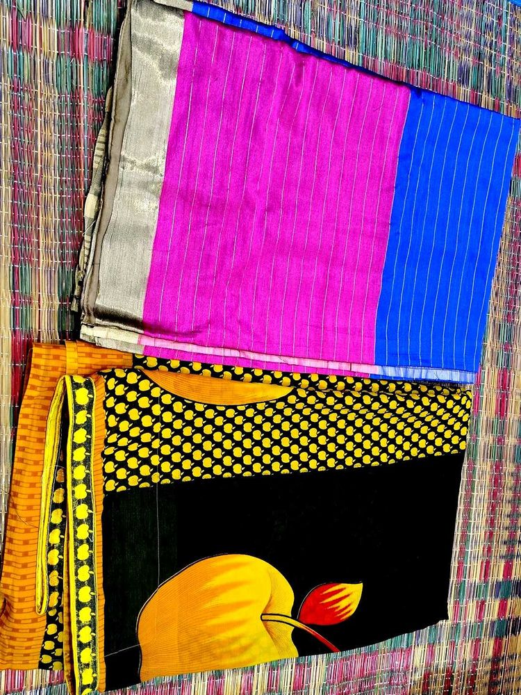Vibrant Striped &amp; Printed Saree 1+1 offer