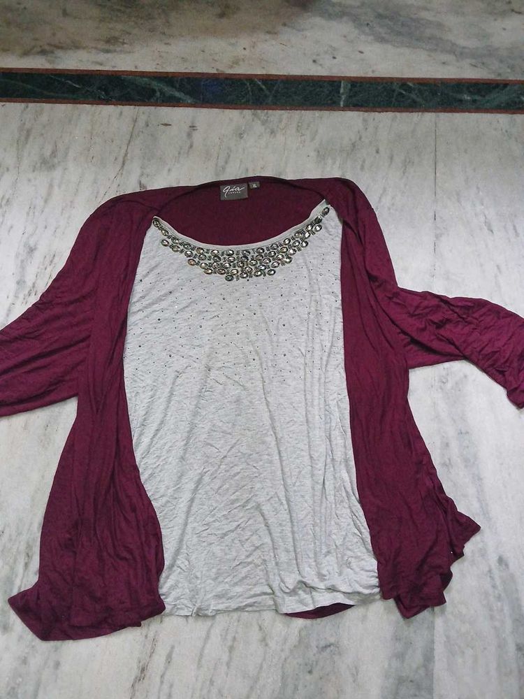 Maroon &amp; Grey Embellished Top