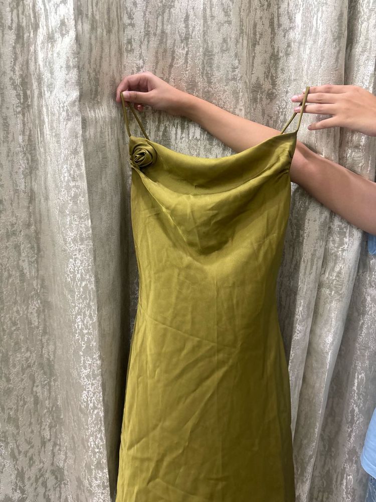 Olive Green Slip Dress with Rose Detail