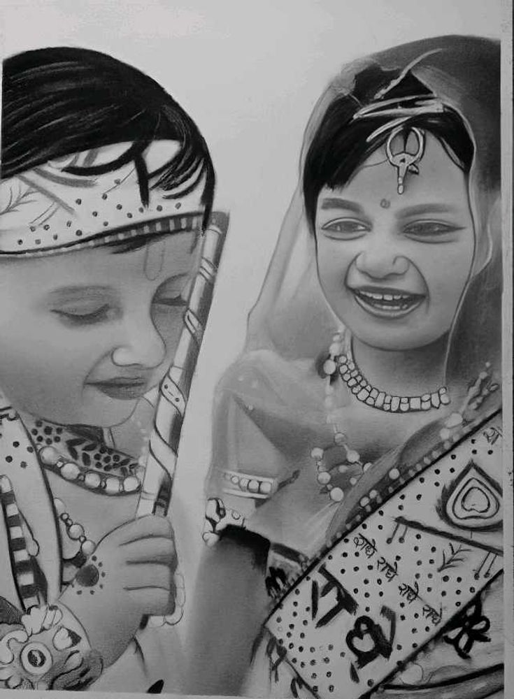 Krishna and Radha Graphite Drawing